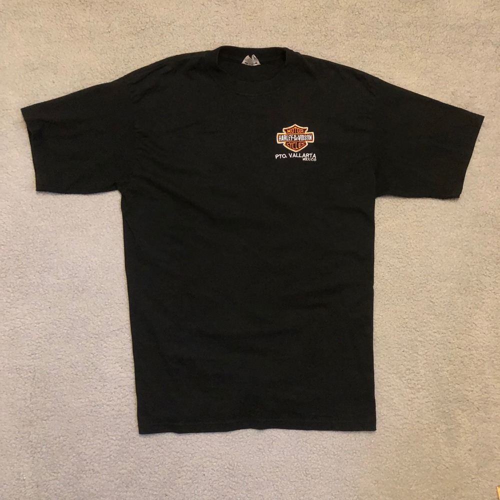 90s Vtg Harley Davidson Puerto Vallarta Mexico Embroidered Black T-Shirt XL